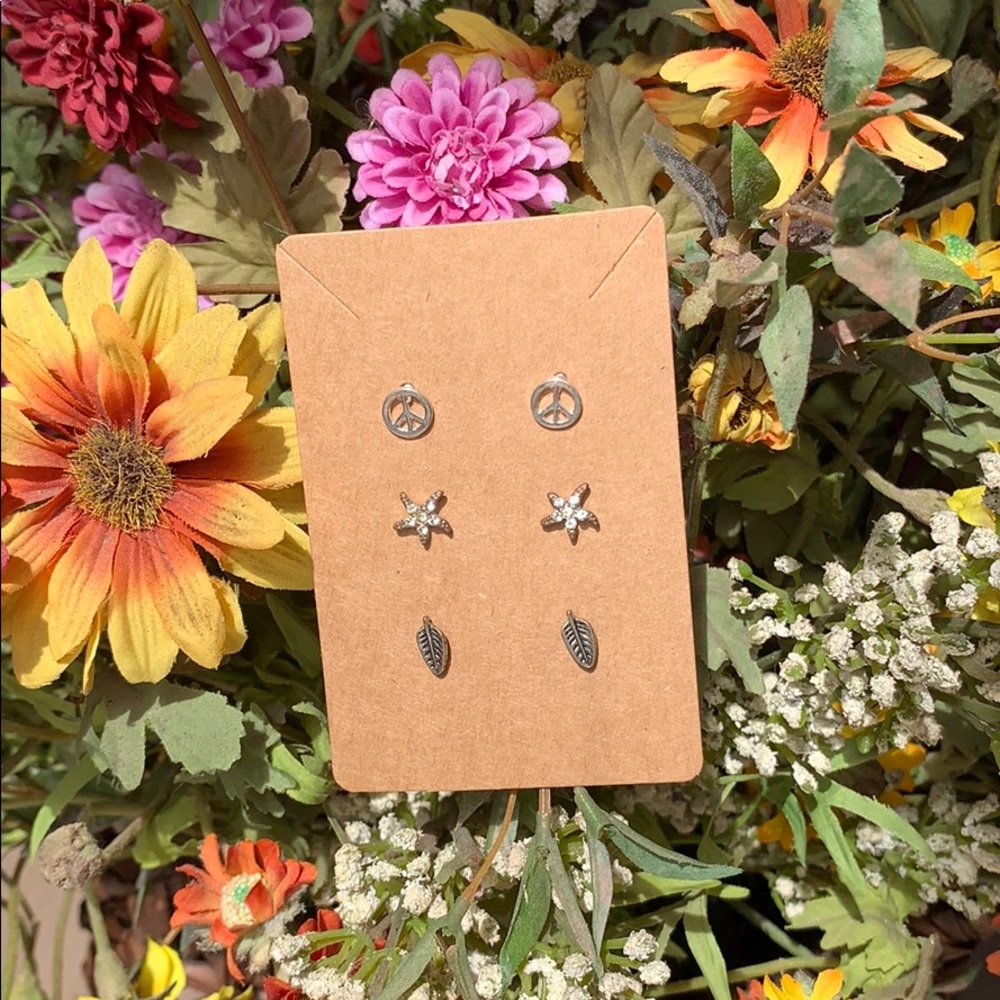 Silver Tone Mixed Stud Earring Set - Peace, Star & Leaf